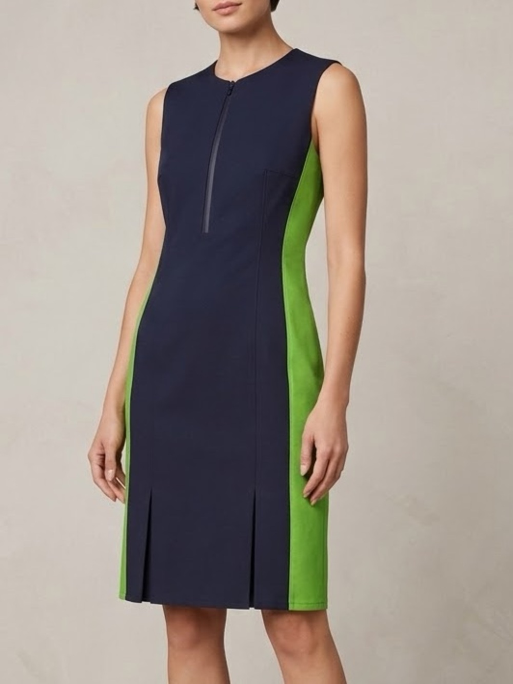 AKRIS PUNTO Colorblock Zip-Front Sheath Dress Navy Lime Green US 6